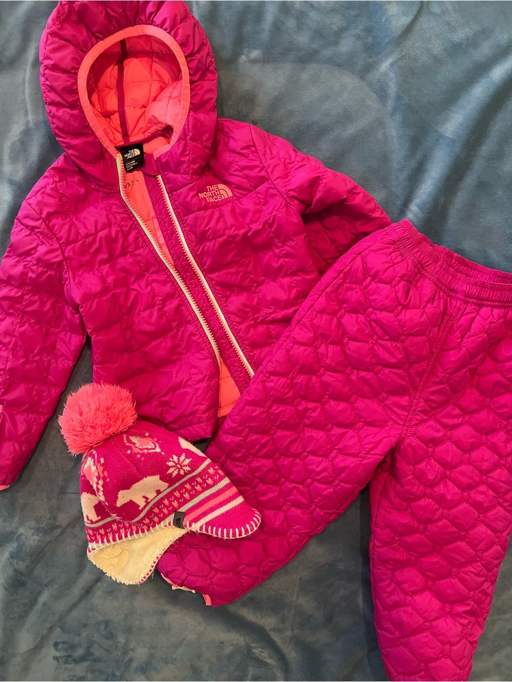The North Face Girls' Hot Pink Quilted Jacket, Pants & Pom Hat Set